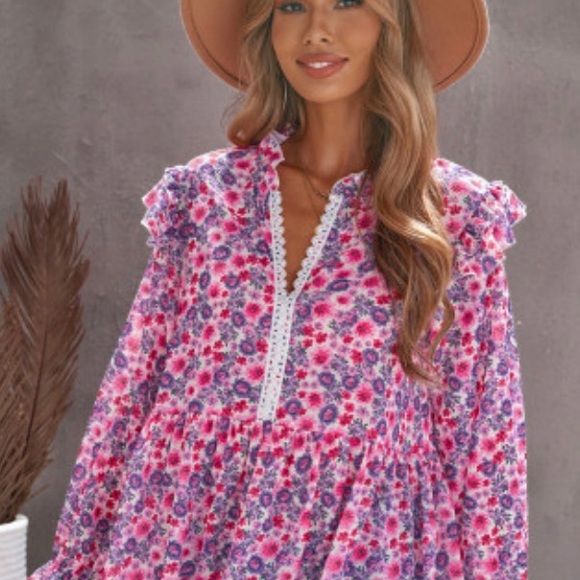 Rose Floral Pattern Peplum Blouse With Ruffles - Picture 7 of 15